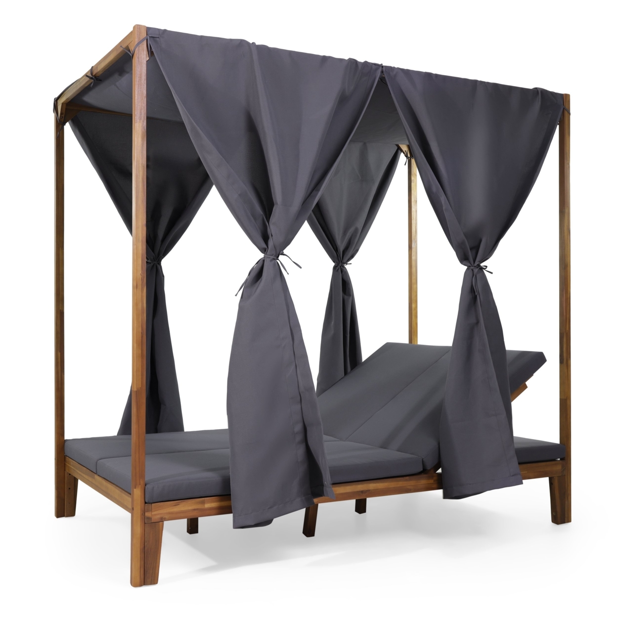 Leaverton Outdoor 2 Seater Adjustable Acacia Wood Daybed With Curtains - Teak Finish/dark Grey