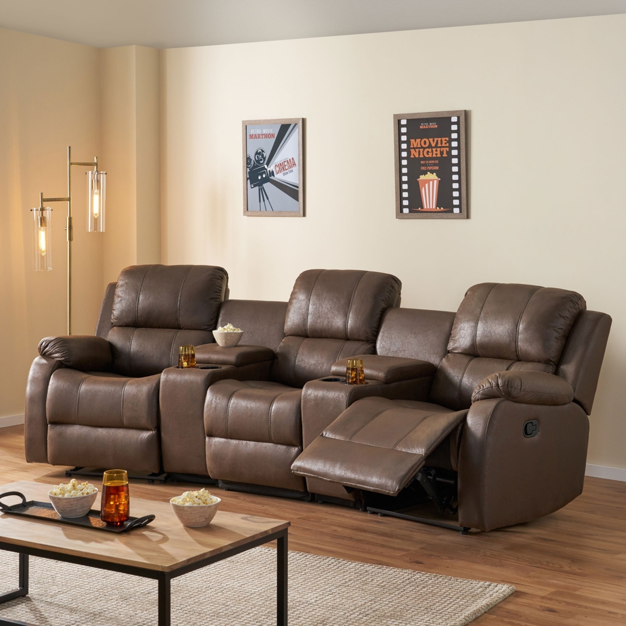 Lunsford Contemporary Upholstered Theater Seating Reclining Sofa - Black/brown