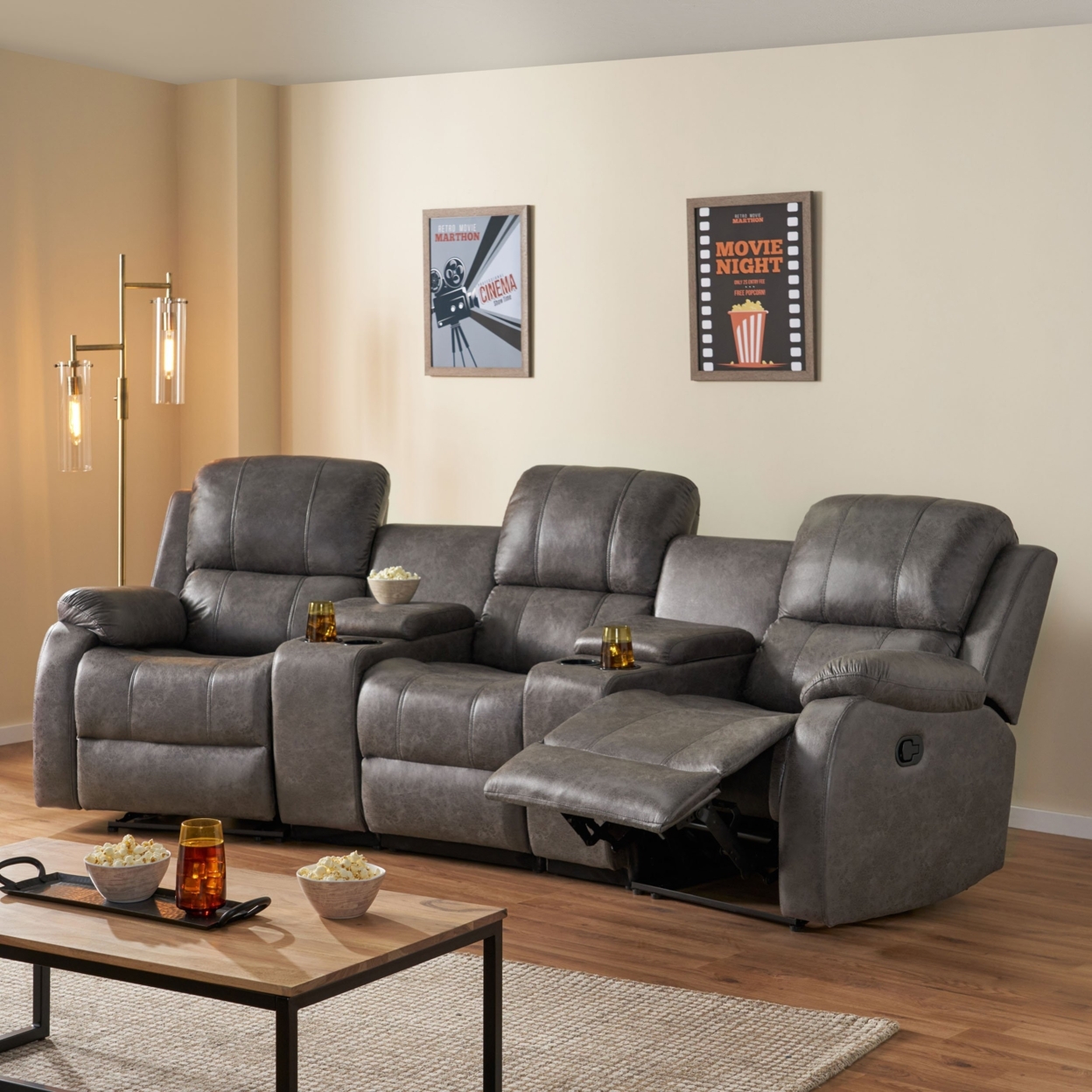 Lunsford Contemporary Upholstered Theater Seating Reclining Sofa - Black/grey/gray