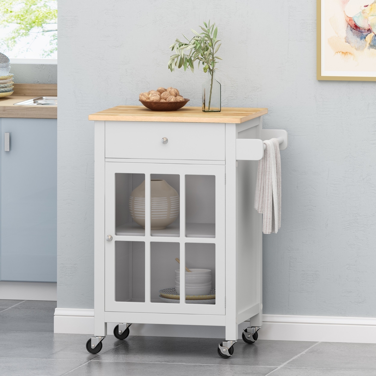 Medway Contemporary Glass Paneled Kitchen Cart - White/natural