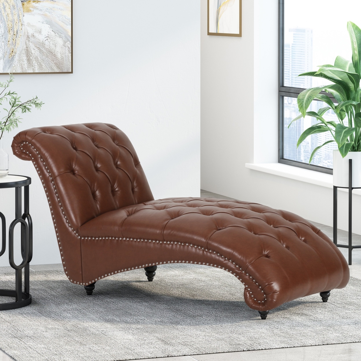 Meigs Varnell Contemporary Button Tufted Chaise Lounge - Walnut/dark Brown