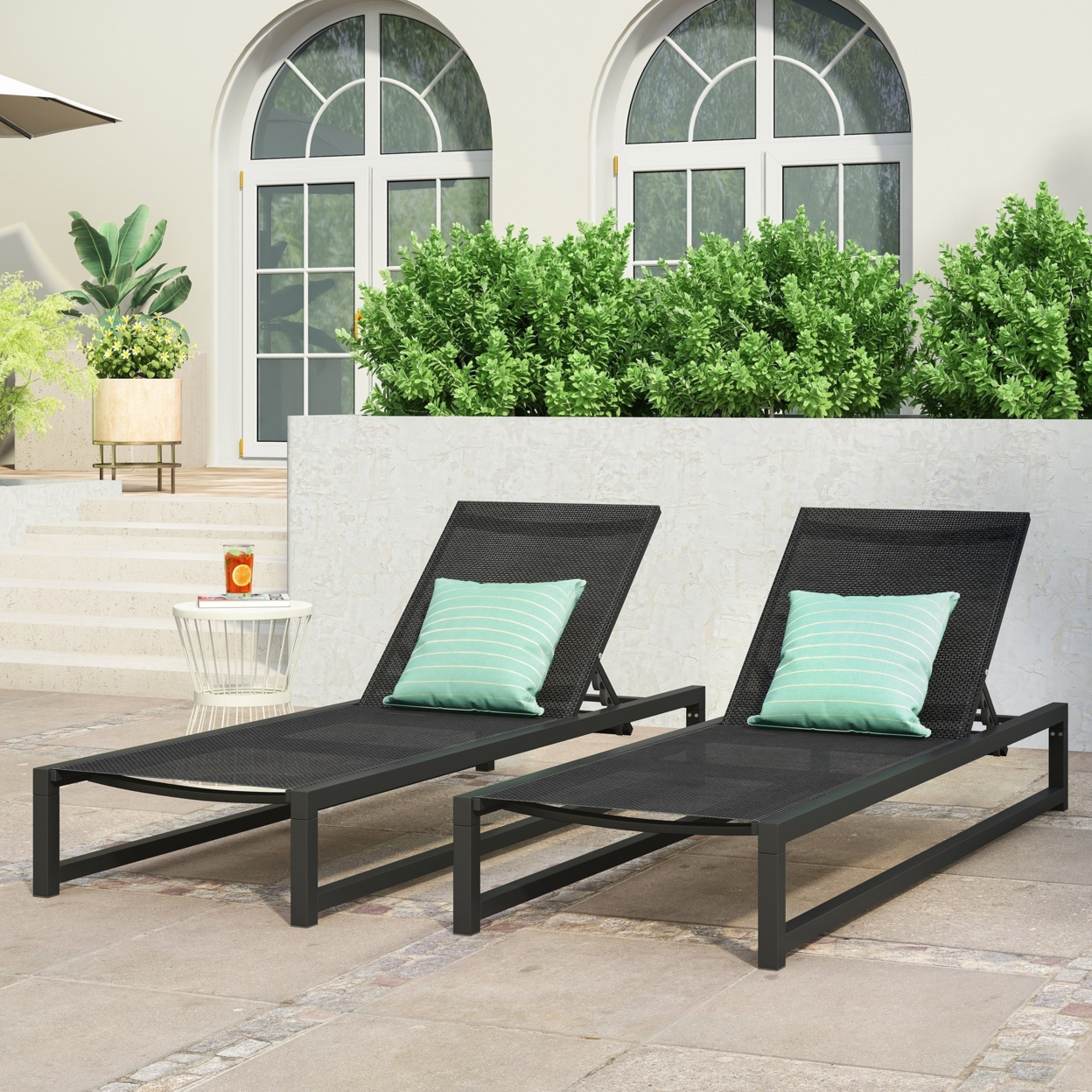 Moderna Outdoor Aluminum Chaise Lounge With Mesh Seating (Set Of 2) - Black