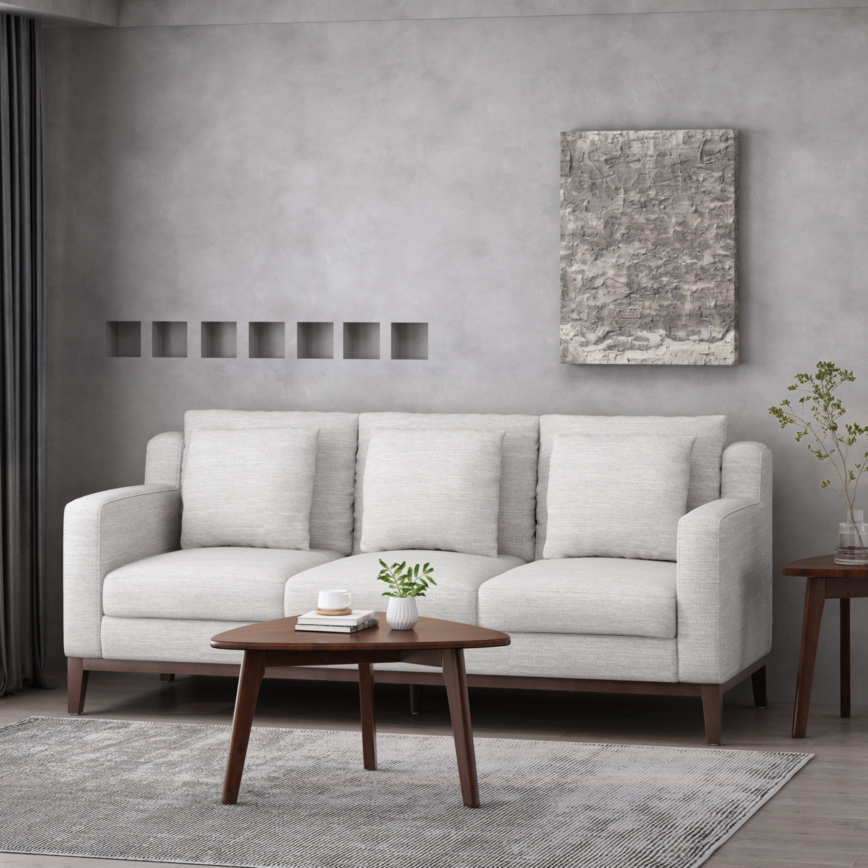Noxon Contemporary Fabric 3 Seater Sofa With Accent Pillows - Light Grey