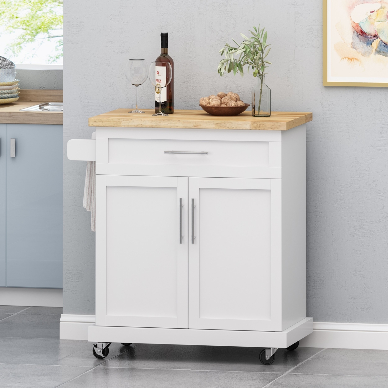 Negley Contemporary Kitchen Cart With Wheels - White/natural