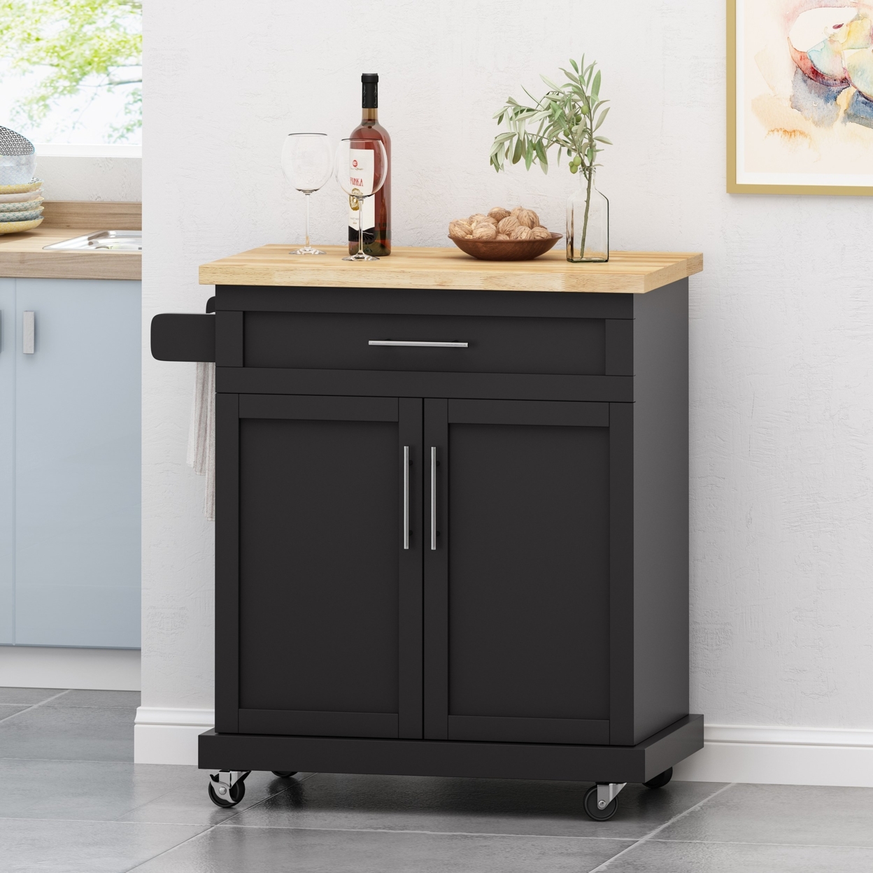 Negley Contemporary Kitchen Cart With Wheels - Black/natural