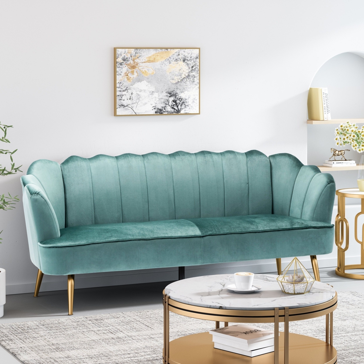 Ohnstad Modern Glam Velvet Channel Stitch 3 Seater Shell Sofa - Turquoise