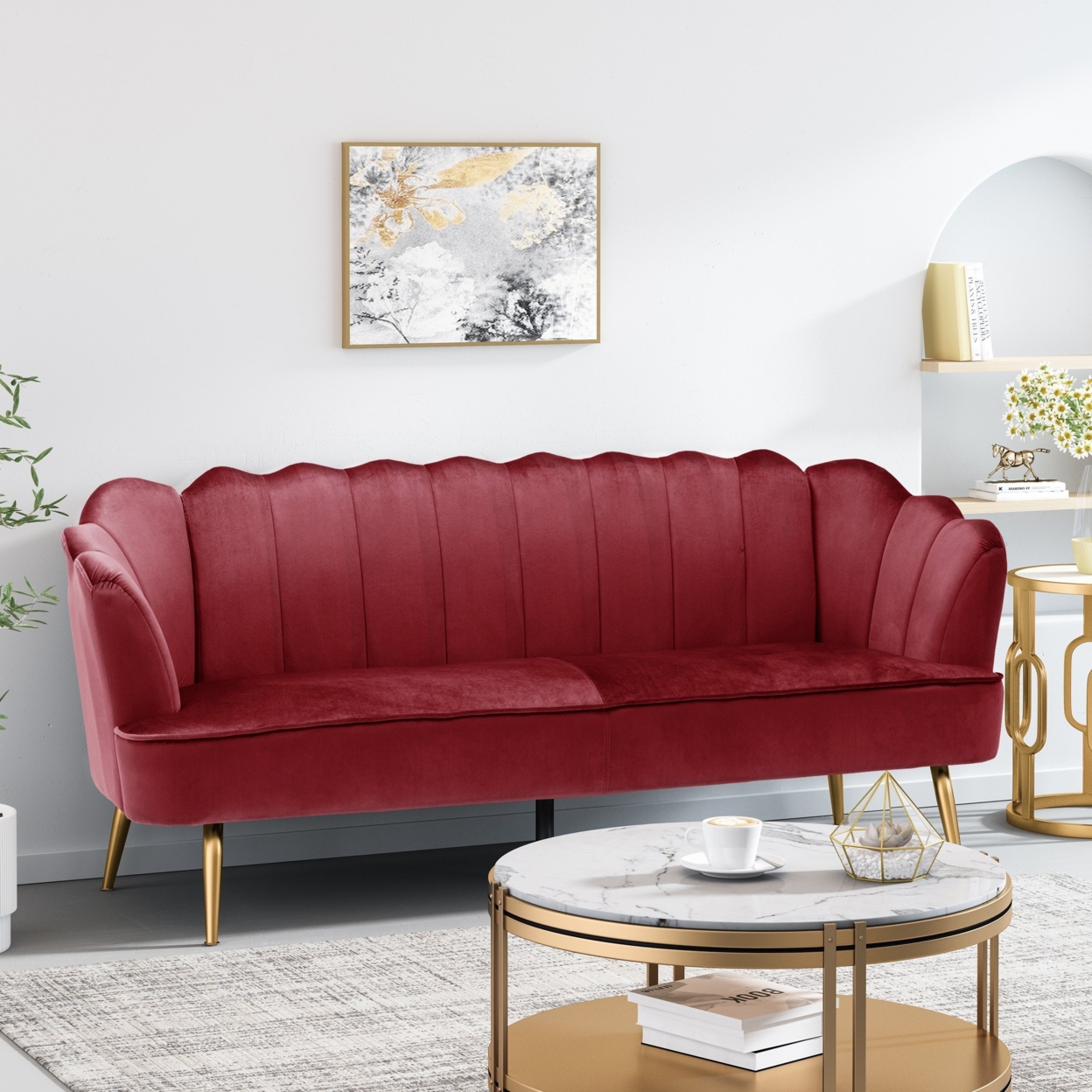 Ohnstad Modern Glam Velvet Channel Stitch 3 Seater Shell Sofa - Berry