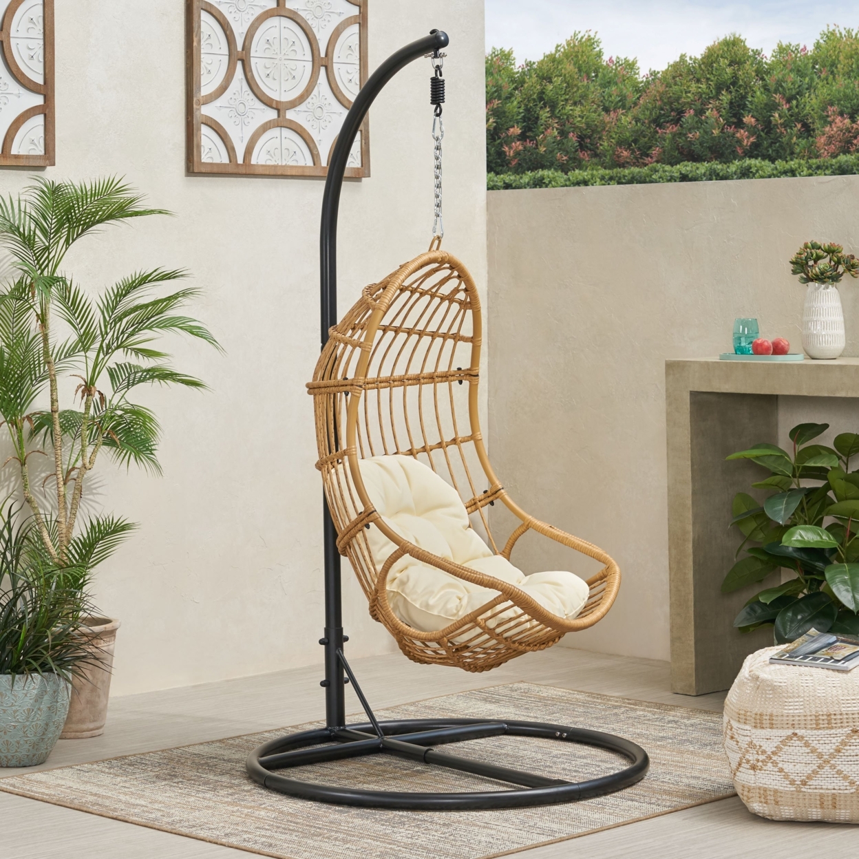 Perry Outdoor Wicker Hanging Nest Chair With Stand - Gray/black/dark Gray