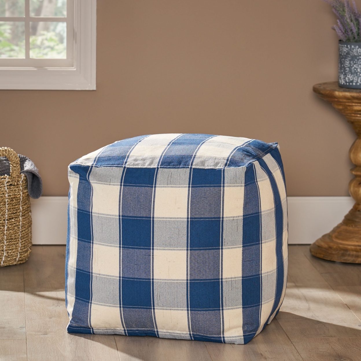 Prestage Modern Fabric Checkered Cube Pouf - Ivory/navy Blue