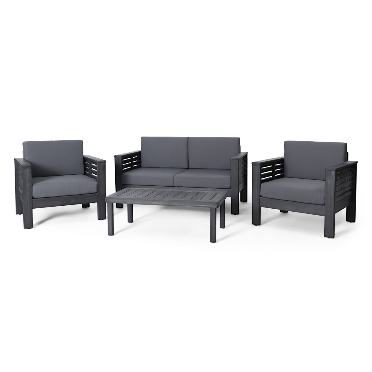 Rabun Outdoor Acacia Wood 4 Seater Chat Set With Cushions - Dark Gray