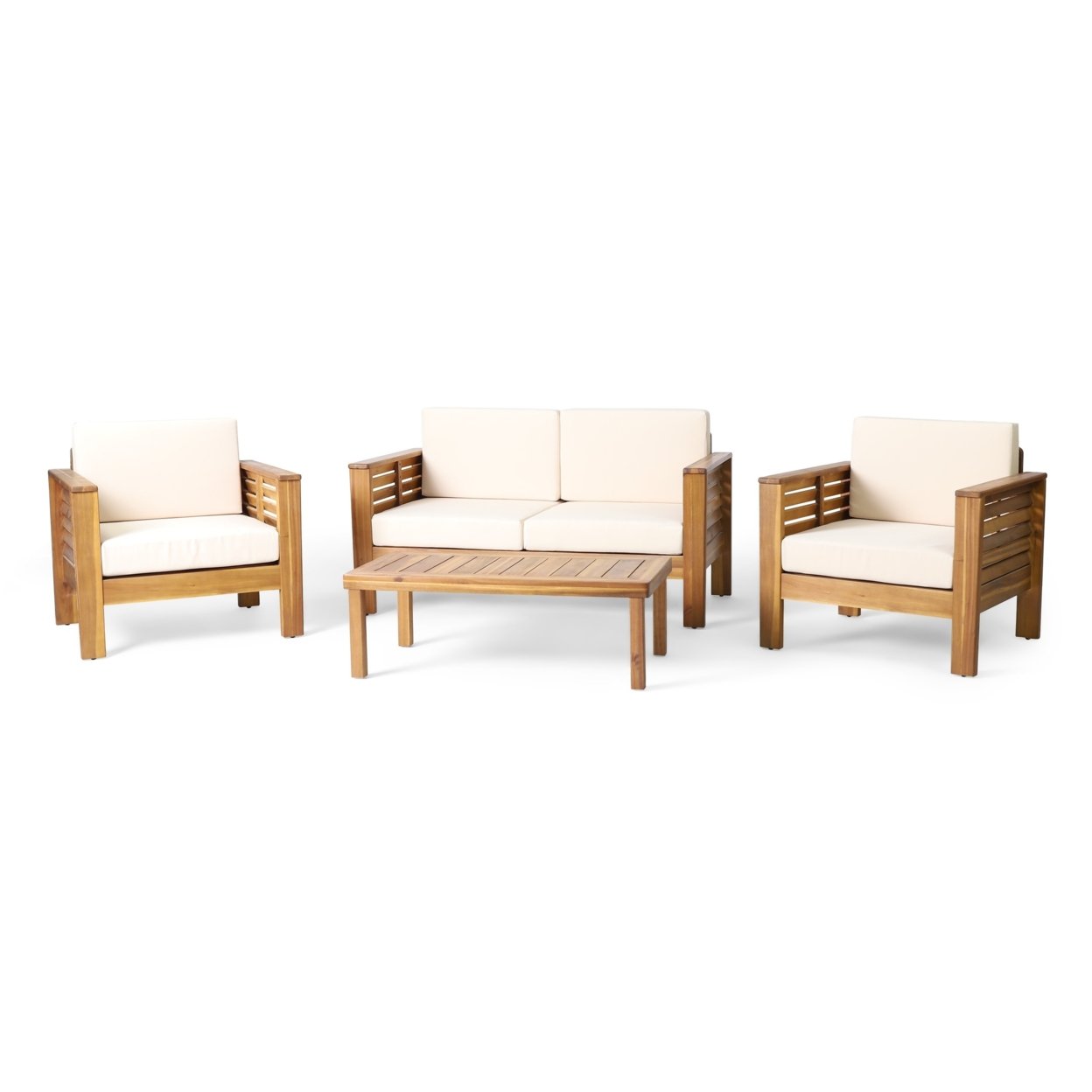 Rabun Outdoor Acacia Wood 4 Seater Chat Set With Cushions - Teak/cream