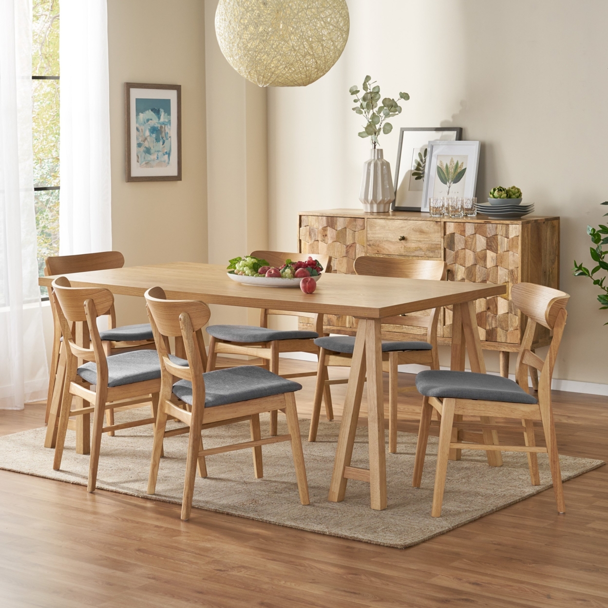 Randal Mid-Century Modern 7 Piece Dining Set With A-Frame Table - Walnut/mint