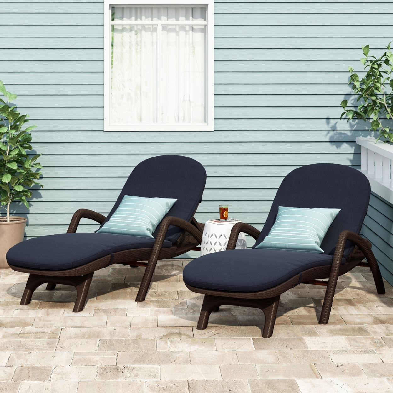 Riley Outdoor Faux Wicker Chaise Lounges With Cushion (Set Of 2) - Dark Brown/blue