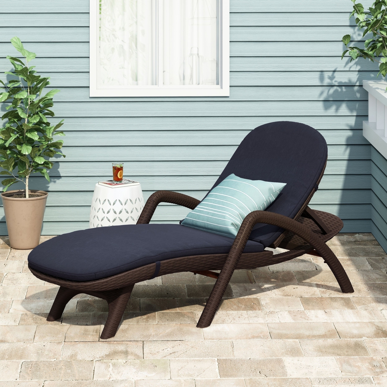 Riley Outdoor Faux Wicker Chaise Lounge With Cushion - Dark Brown/navy Blue