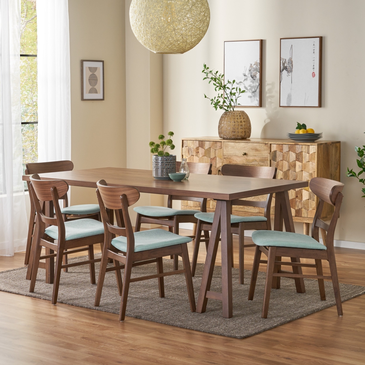 Randal Mid-Century Modern 7 Piece Dining Set With A-Frame Table - Walnut/mint