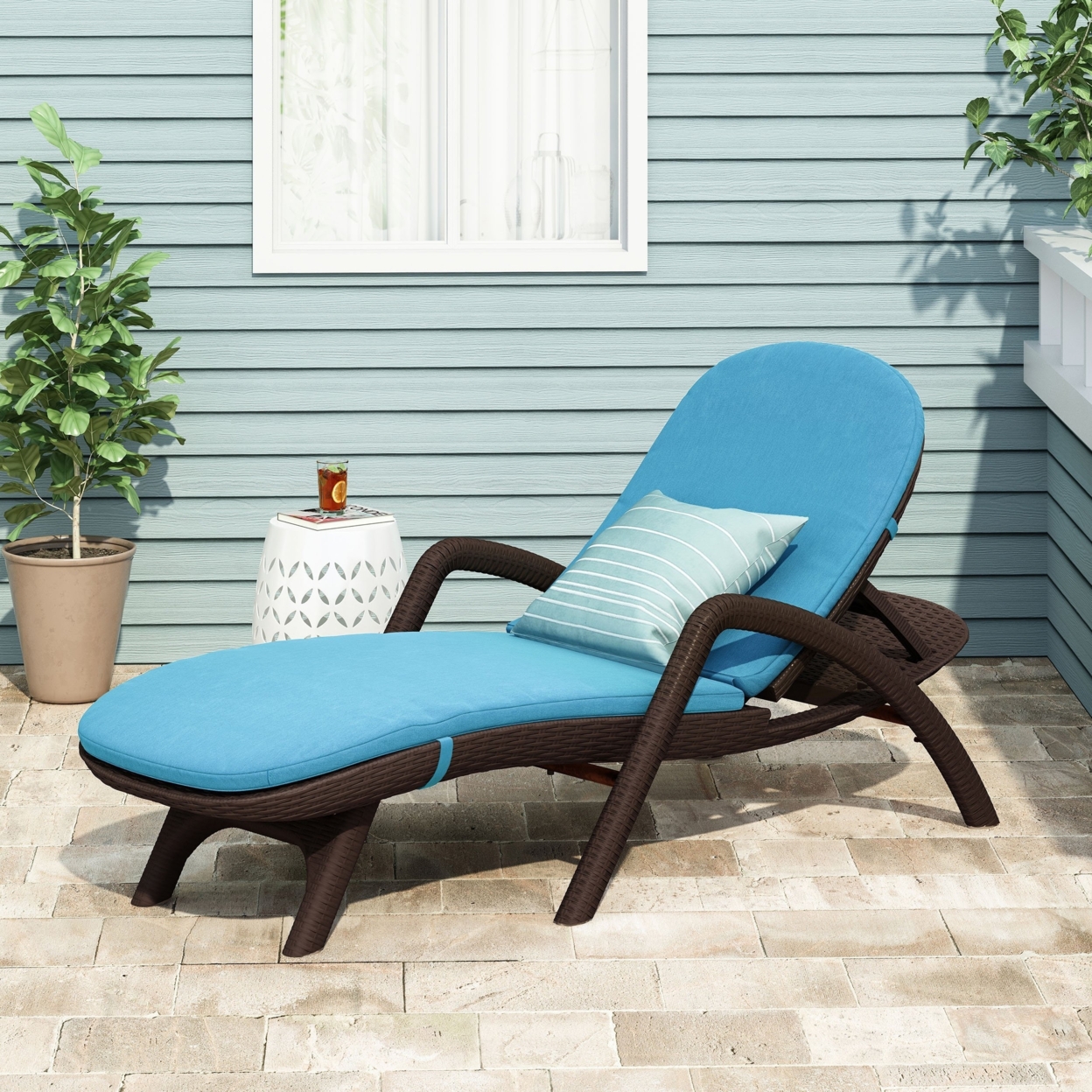 Riley Outdoor Faux Wicker Chaise Lounge With Cushion - Dark Brown/blue
