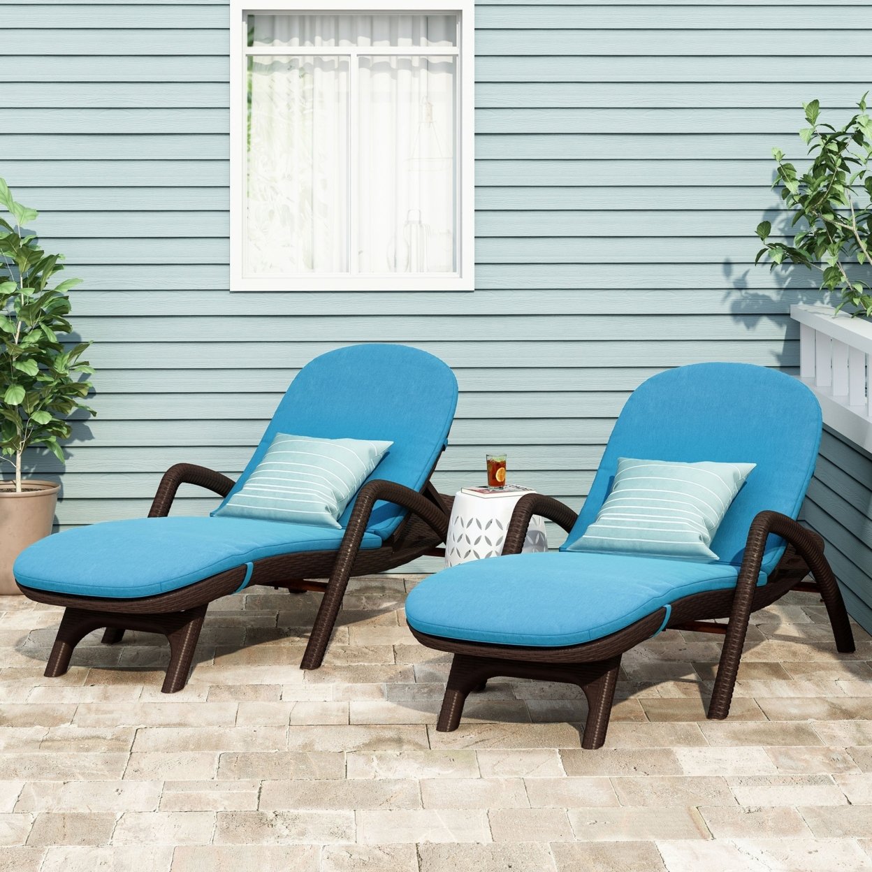 Riley Outdoor Faux Wicker Chaise Lounges With Cushion (Set Of 2) - Dark Brown/blue