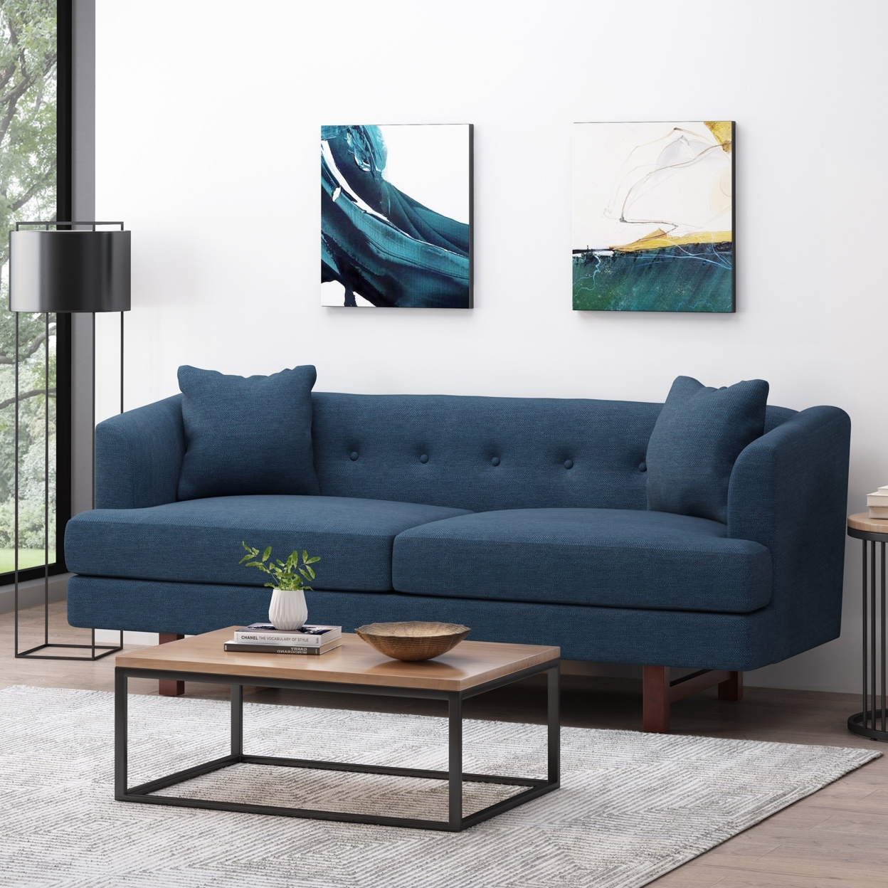 Sparks Mid-Century Modern Upholstered 3 Seater Sofa - Espresso/navy Blue