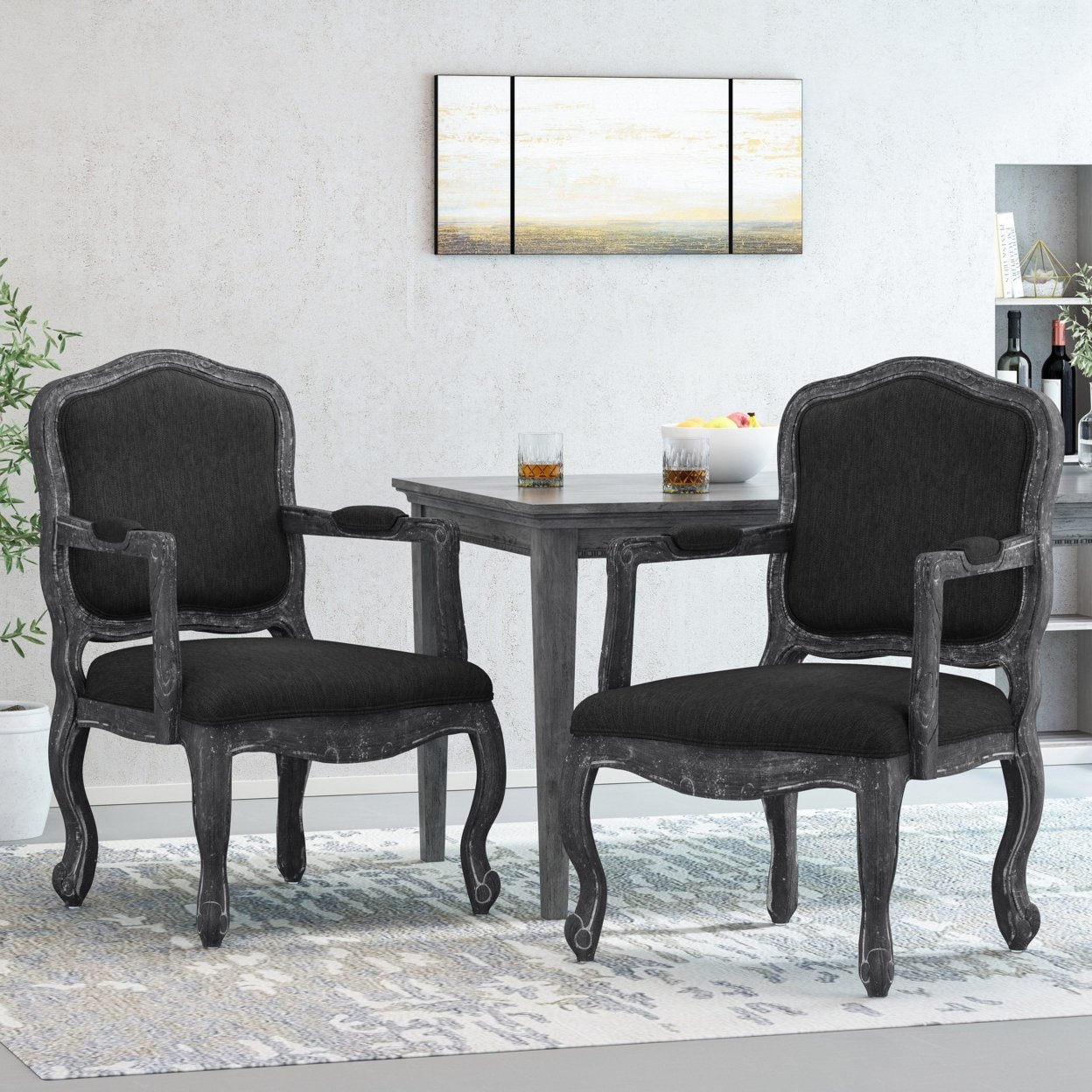 Stene French Country Wood Upholstered Dining Armchair - Grey/black, Set Of 2