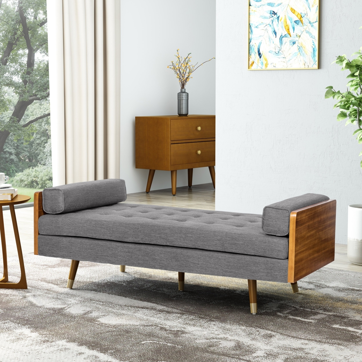 Tiltonsville Mid-Century Modern Tufted Double End Chaise Lounge With Bolster Pillows - Dark Walnut With Golden/grey