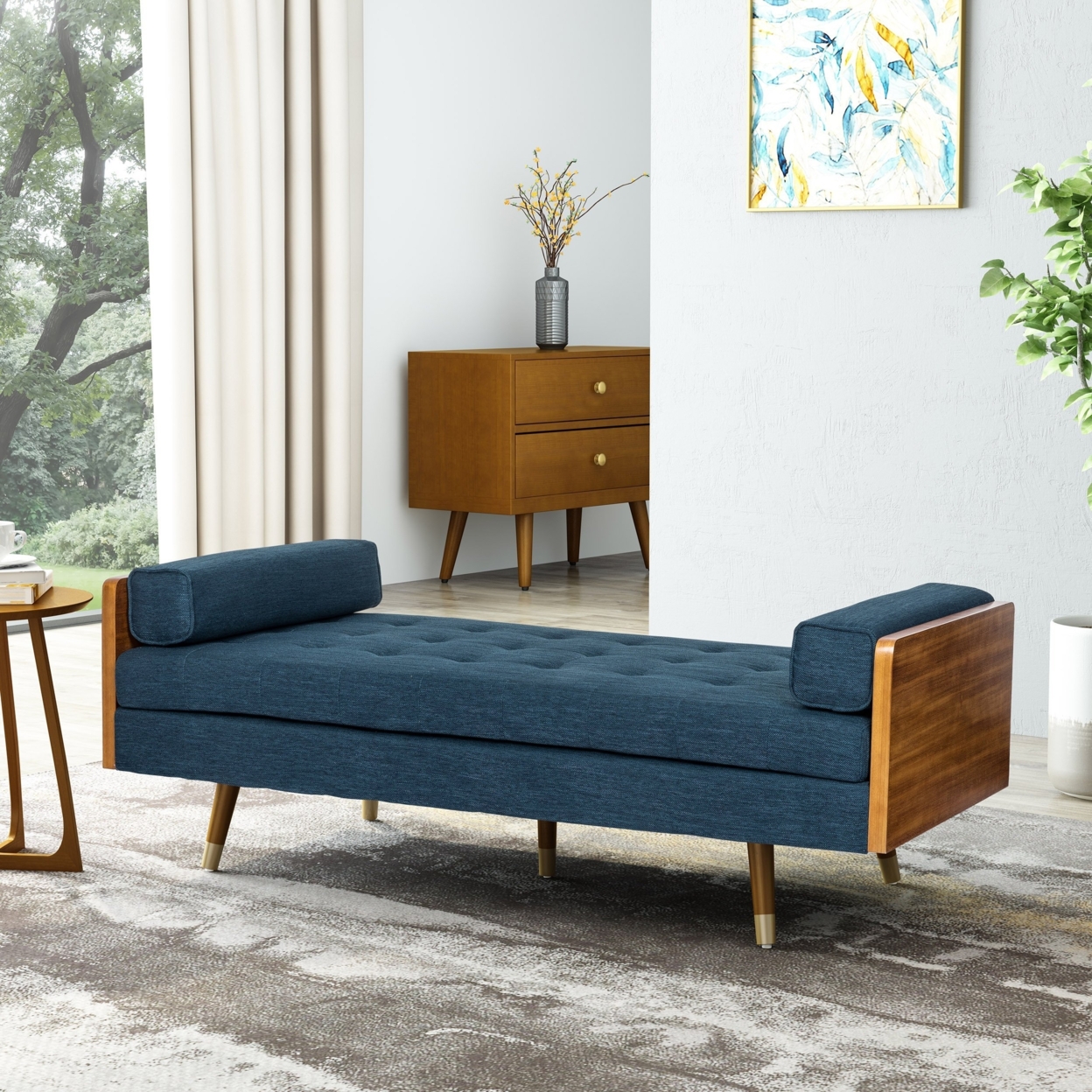 Tiltonsville Mid-Century Modern Tufted Double End Chaise Lounge With Bolster Pillows - Dark Walnut With Golden/navy Blue