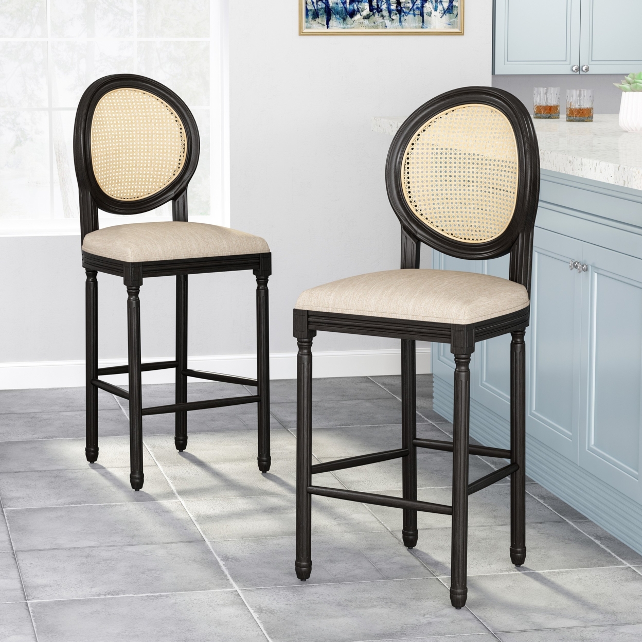 Towner French Country Wooden Barstools With Upholstered Seating (Set Of 2) - Black/beige/natural