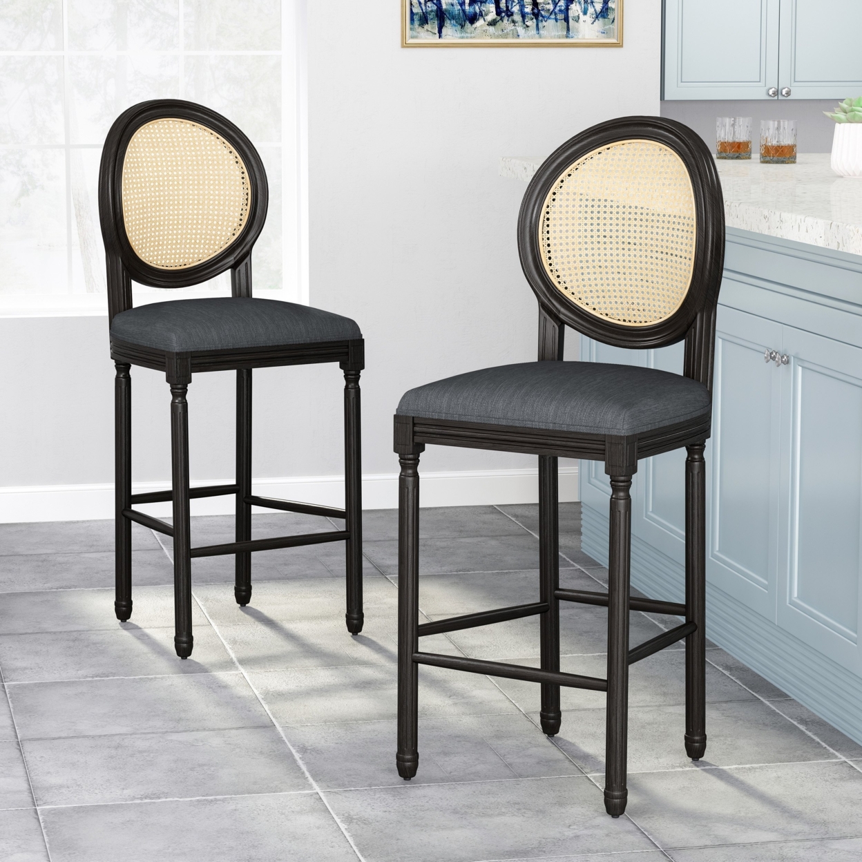 Towner French Country Wooden Barstools With Upholstered Seating (Set Of 2) - Black/beige/natural