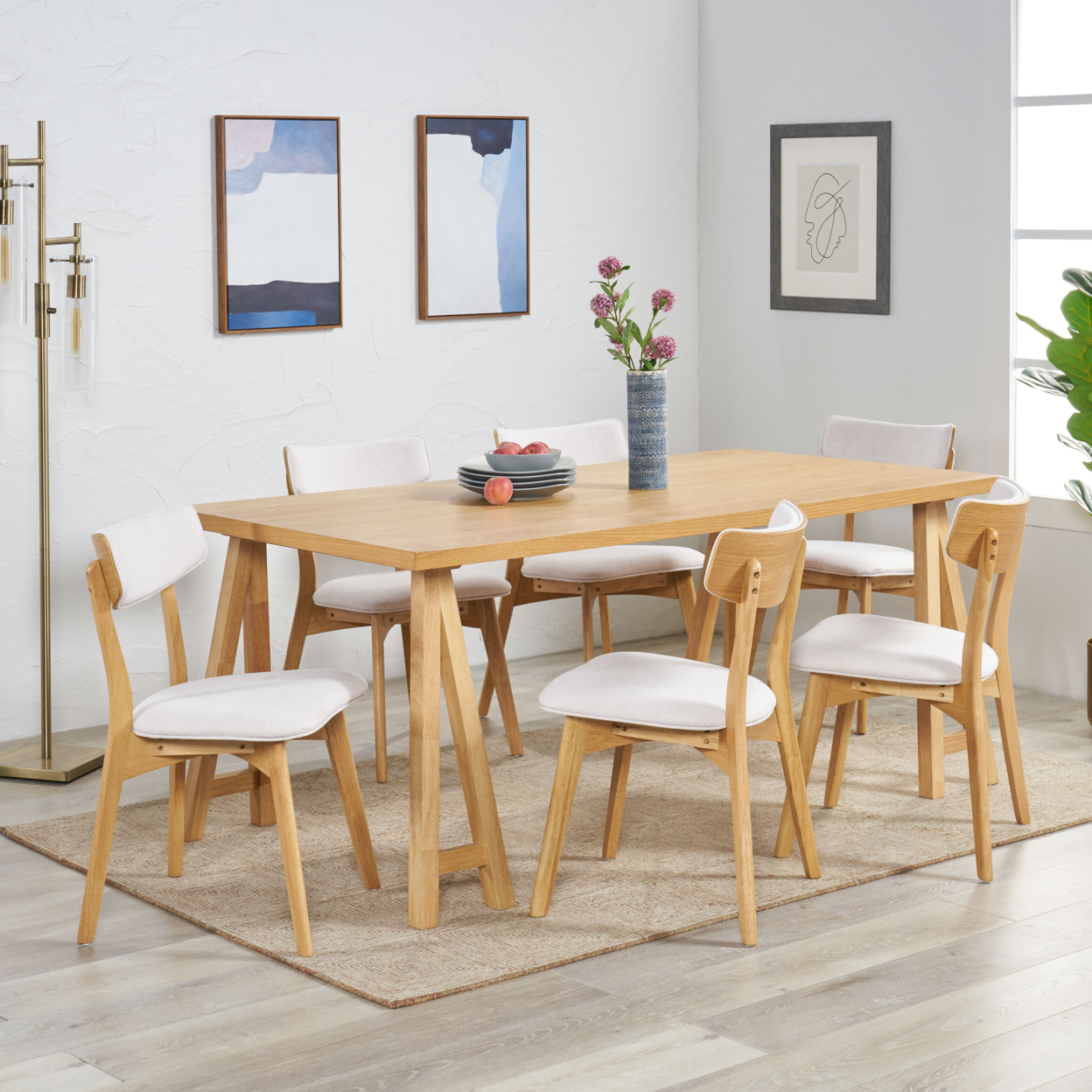 Turat Mid-Century Modern 7 Piece Dining Set With A-Frame Table - Natural Oak/light Beige