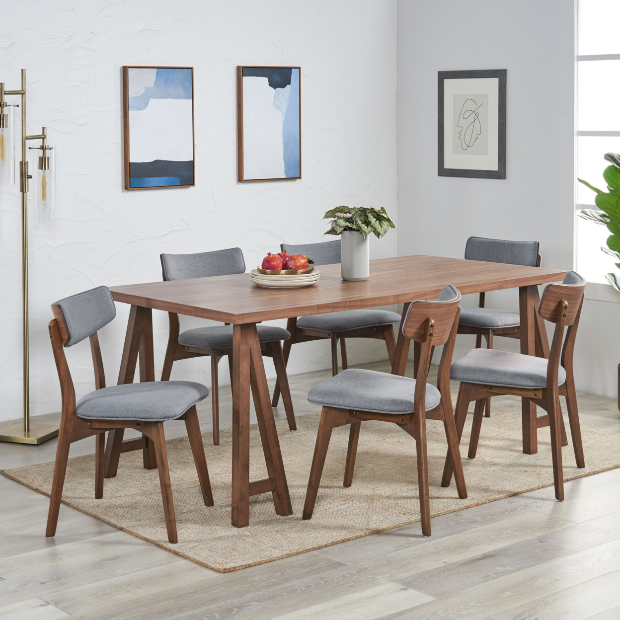 Turat Mid-Century Modern 7 Piece Dining Set With A-Frame Table - Walnut/dark Gray