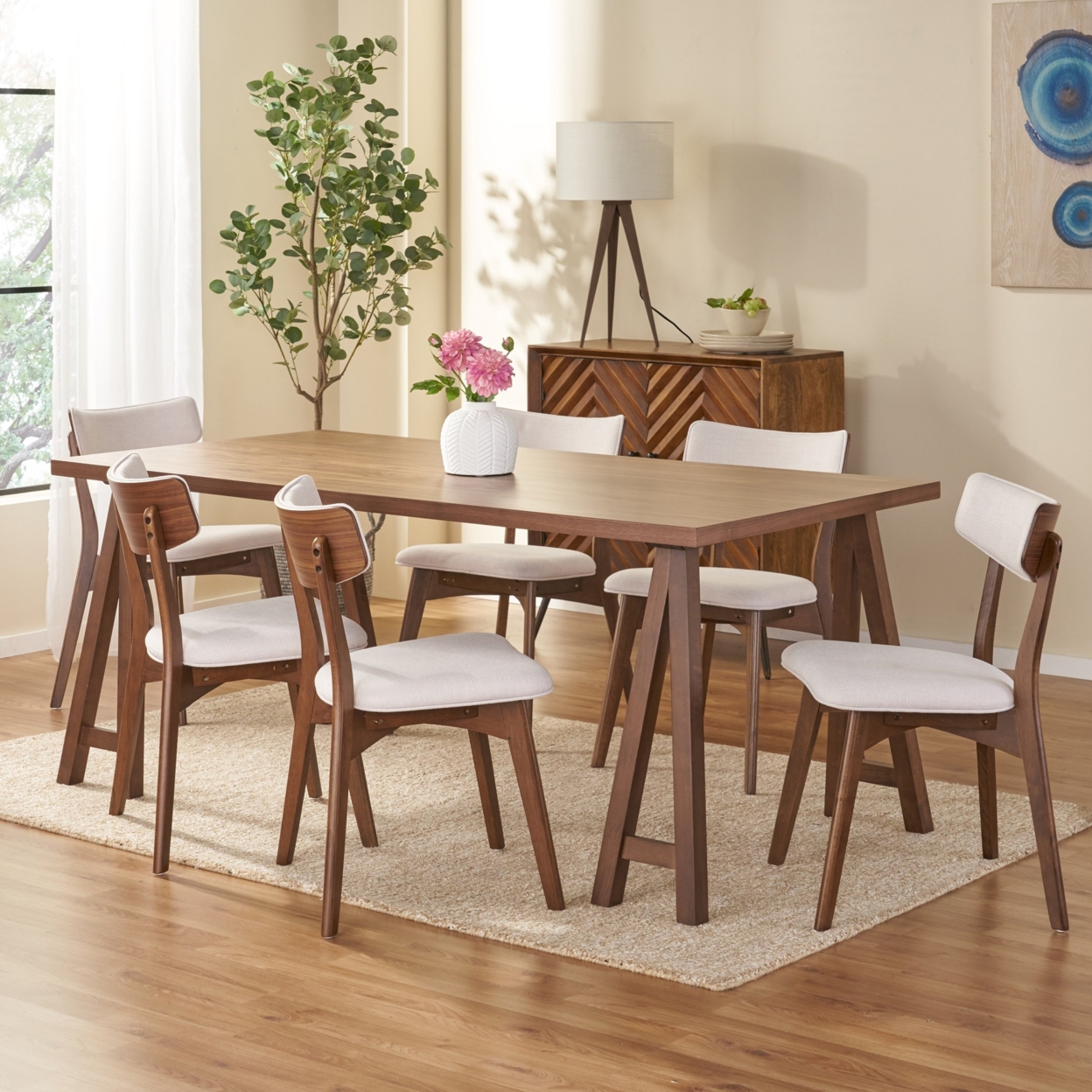 Turat Mid-Century Modern 7 Piece Dining Set With A-Frame Table - Natural Walnut/walnut/light Beige