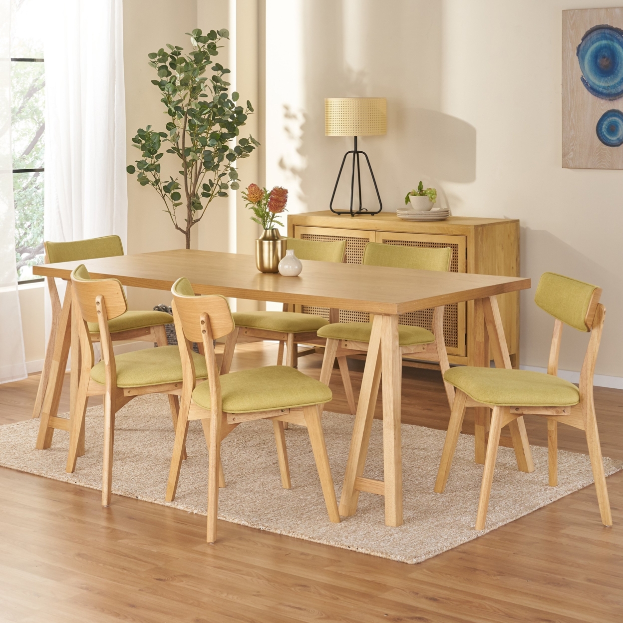 Turat Mid-Century Modern 7 Piece Dining Set With A-Frame Table - Natural Oak/green Tea
