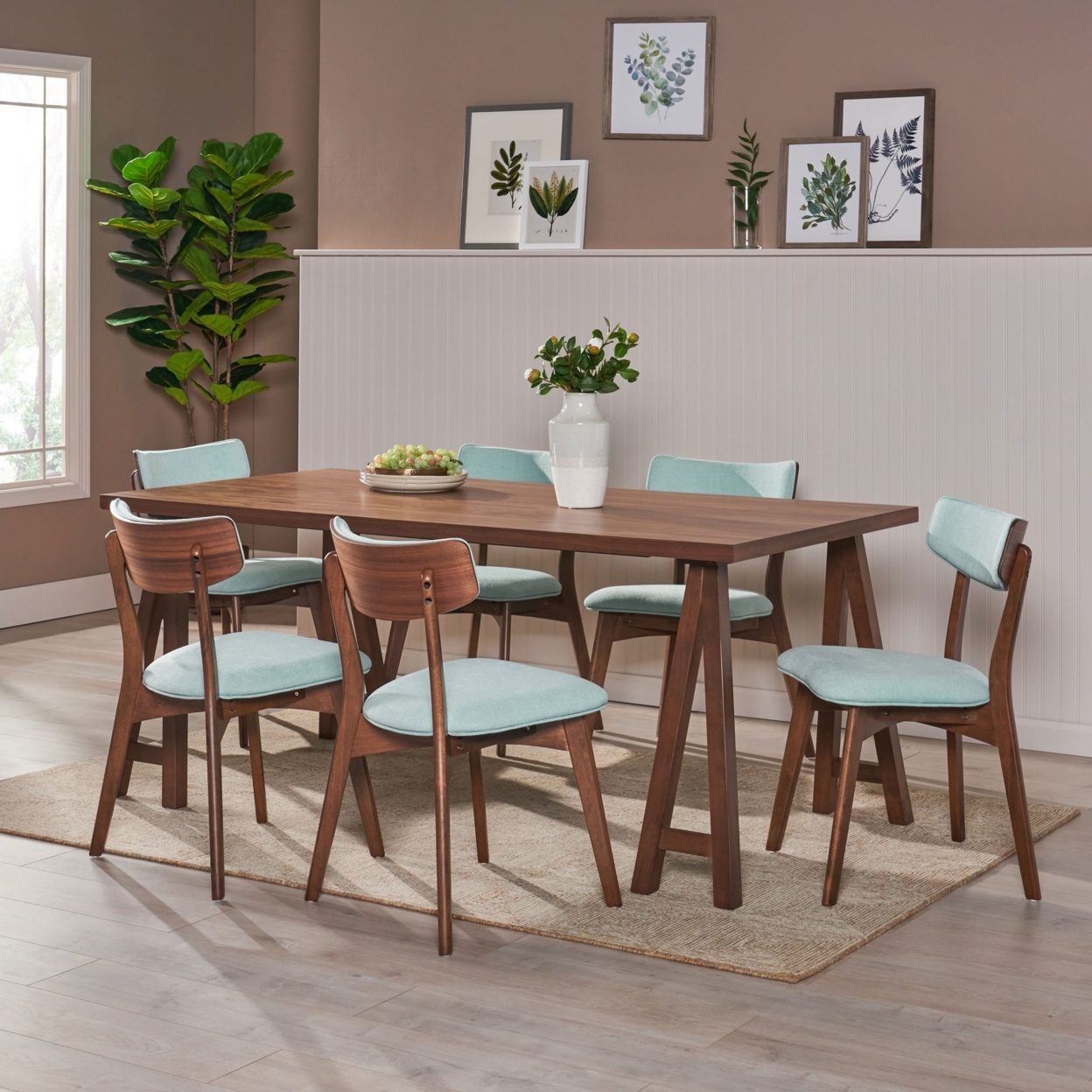 Turat Mid-Century Modern 7 Piece Dining Set With A-Frame Table - Natural Walnut/mint