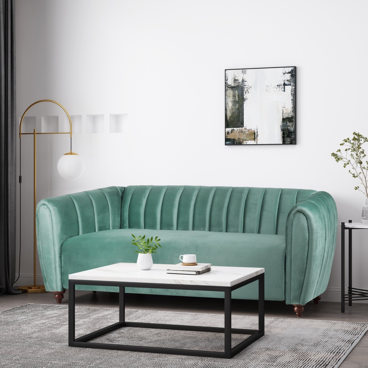 Worden Modern Glam Velvet Channel Stitch 3 Seater Sofa - Turquoise