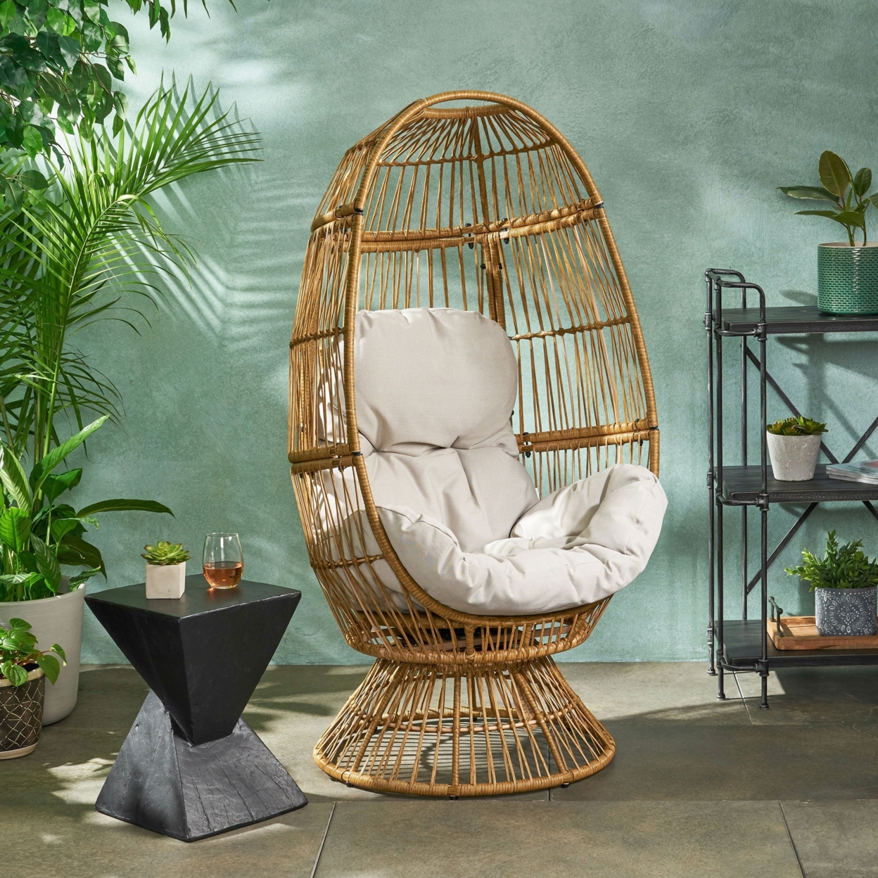 Aceson Outdoor Freestanding Wicker Swivel Egg Chair - Light Brown/beige