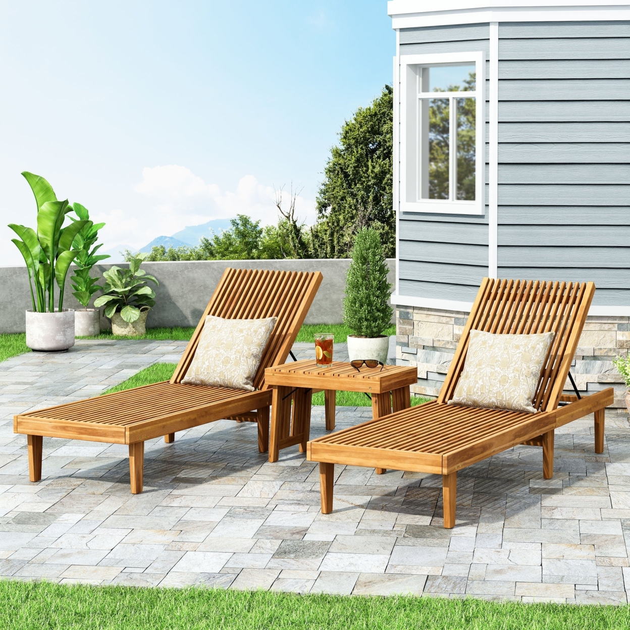 Addisyn Outdoor Acacia Wood 3 Piece Chaise Lounge Set - Gray