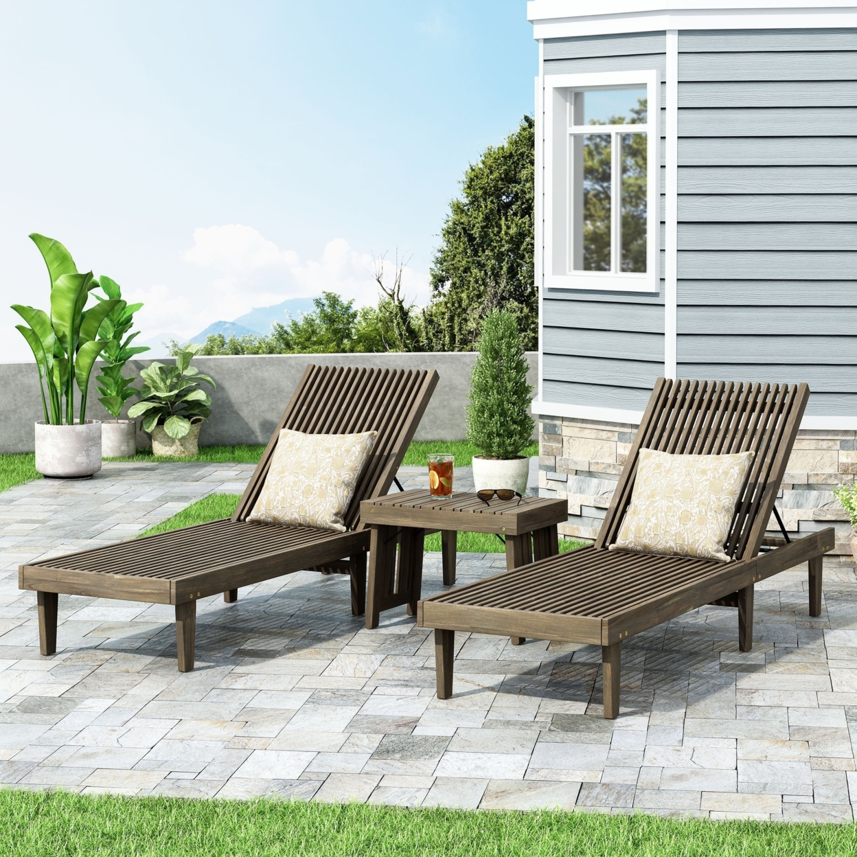 Addisyn Outdoor Acacia Wood 3 Piece Chaise Lounge Set - Gray