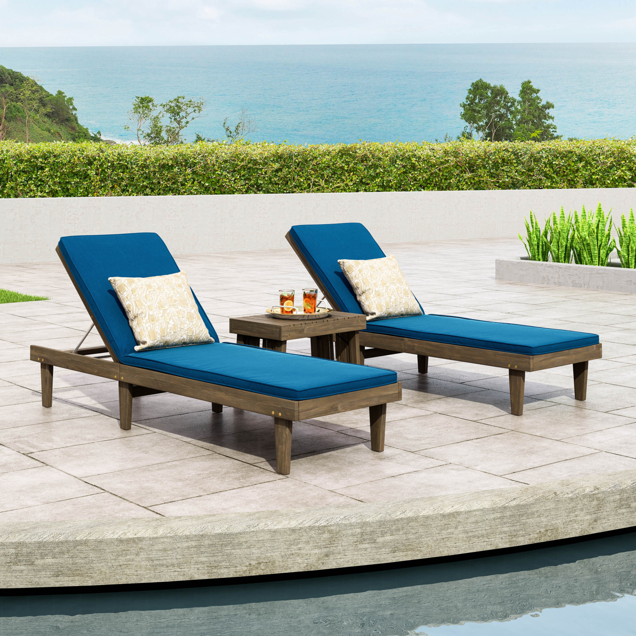Addisyn Outdoor Acacia Wood 3 Piece Chaise Lounge Set With Water-Resistant Cushions - Gray/blue