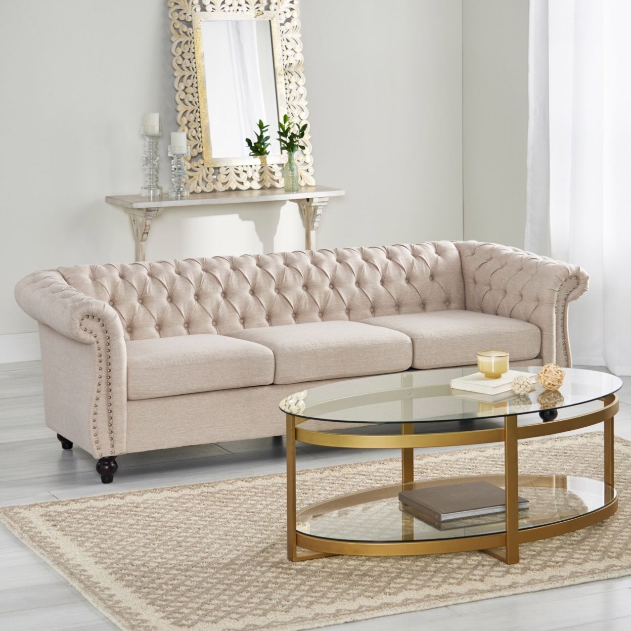 Adetokunbo Tufted Fabric Chesterfield 3 Seater Sofa - Beige
