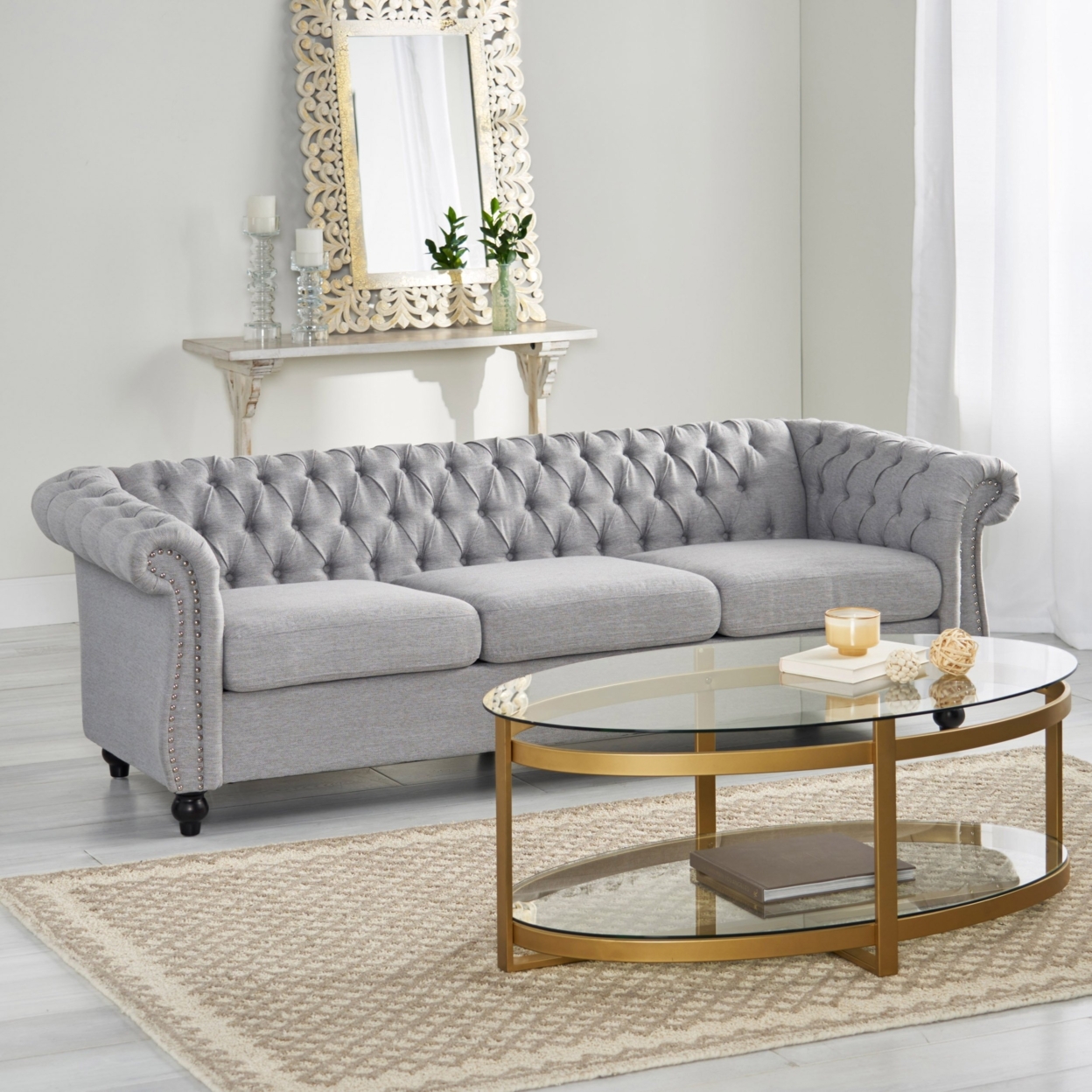 Adetokunbo Tufted Fabric Chesterfield 3 Seater Sofa - Cloud Gray
