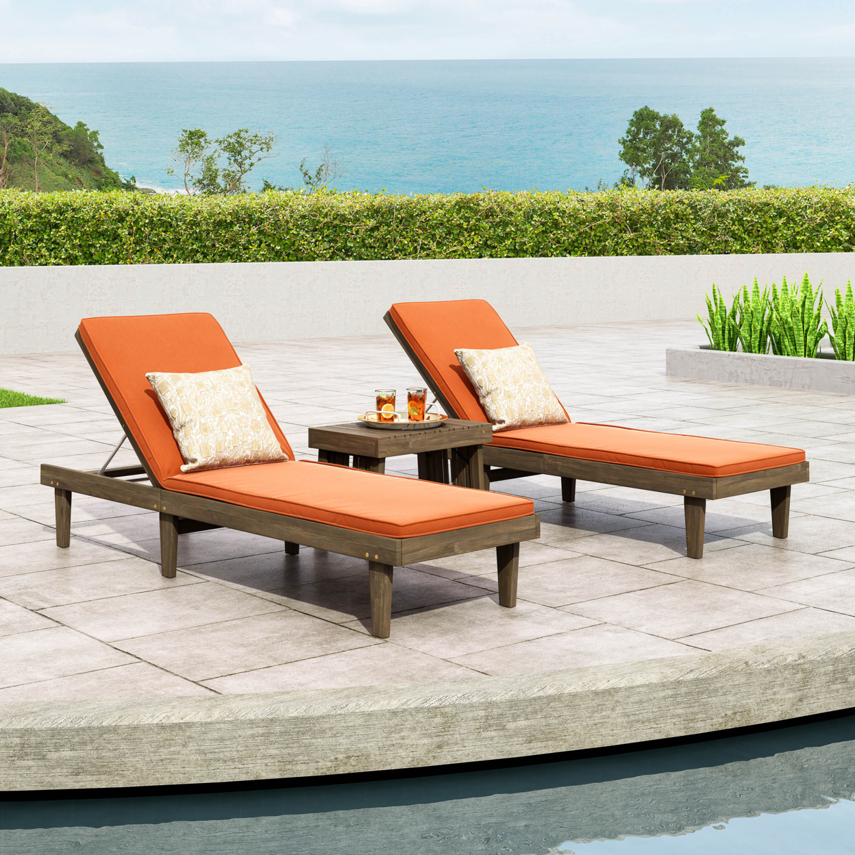 Addisyn Outdoor Acacia Wood 3 Piece Chaise Lounge Set With Water-Resistant Cushions - Gray/rust Orange