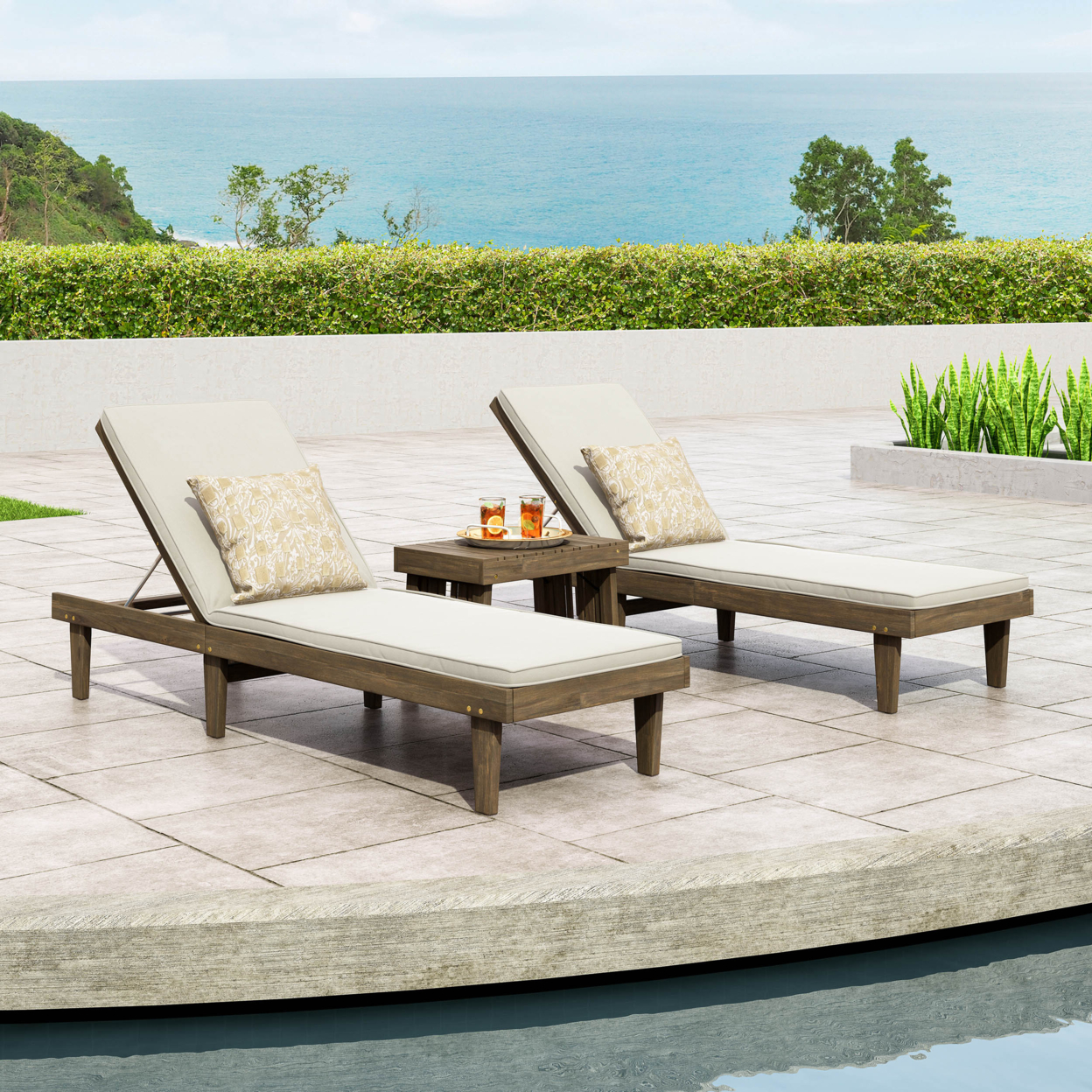 Addisyn Outdoor Acacia Wood 3 Piece Chaise Lounge Set With Water-Resistant Cushions - Gray/cream