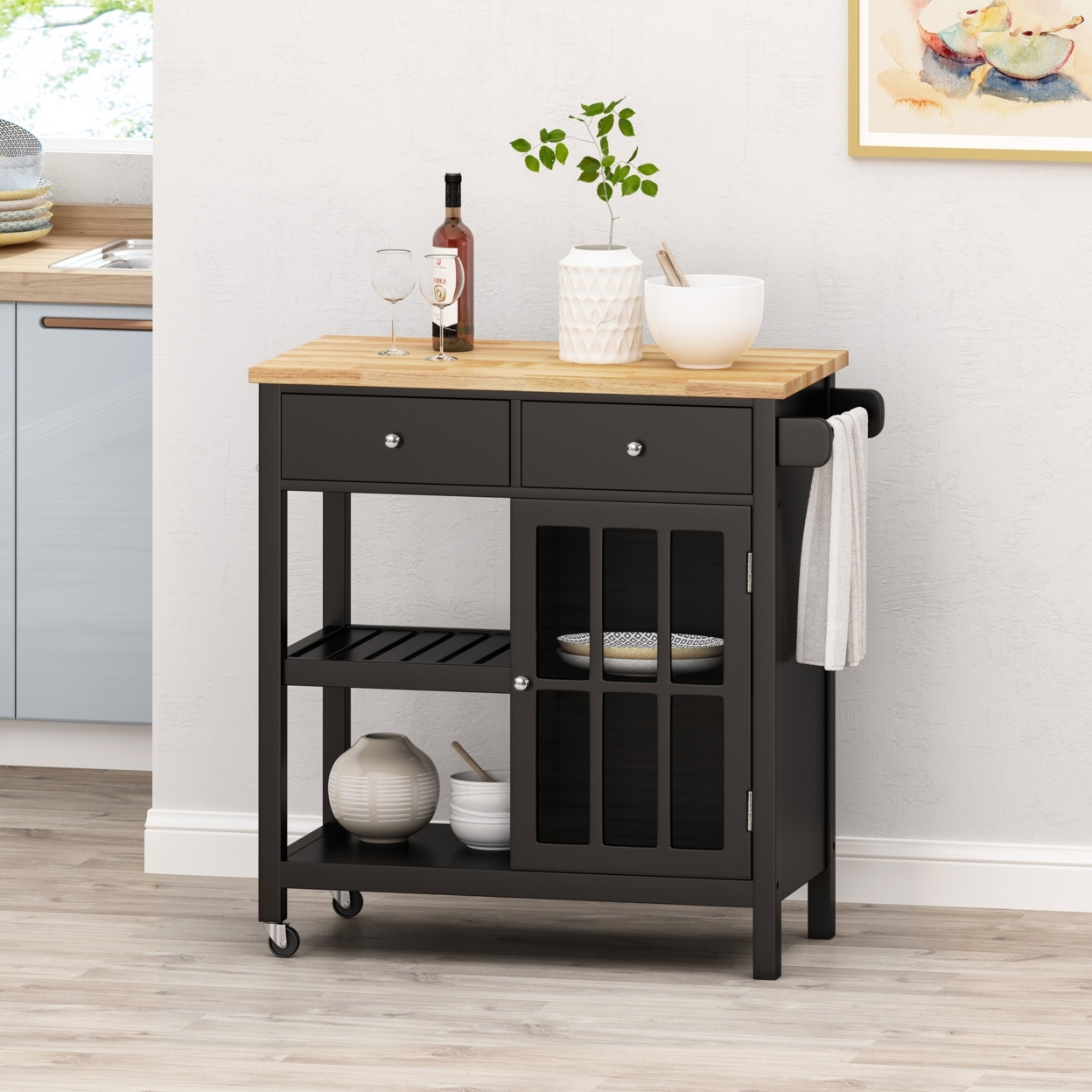 Aidah Contemporary Kitchen Cart With Wheels - Black