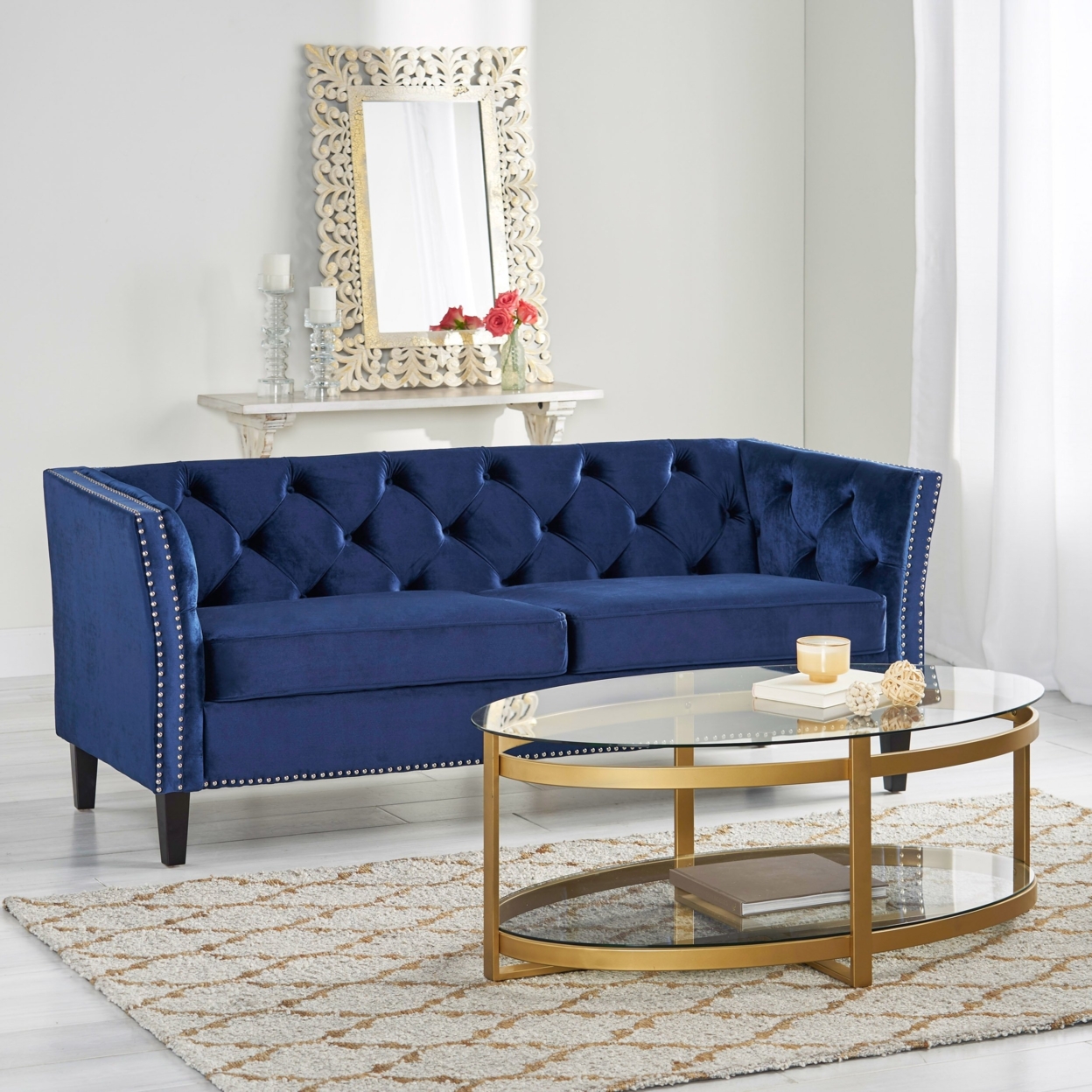 Alessio Contemporary Tufted Velvet 3 Seater Sofa - Midnight Blue