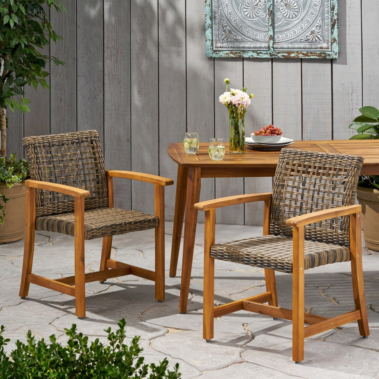 Alyssa Outdoor Acacia Wood And Wicker Dining Chair (Set Of 2) - Light Gray Wash / Mix Black