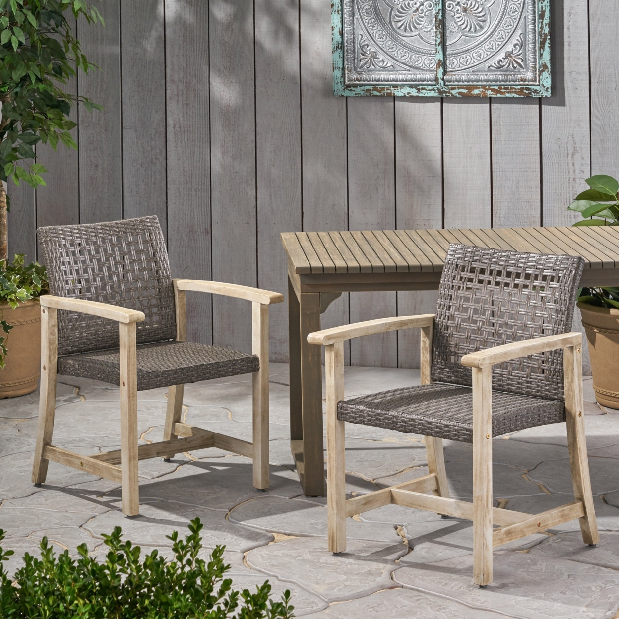 Alyssa Outdoor Acacia Wood And Wicker Dining Chair (Set Of 2) - Natural / Gray