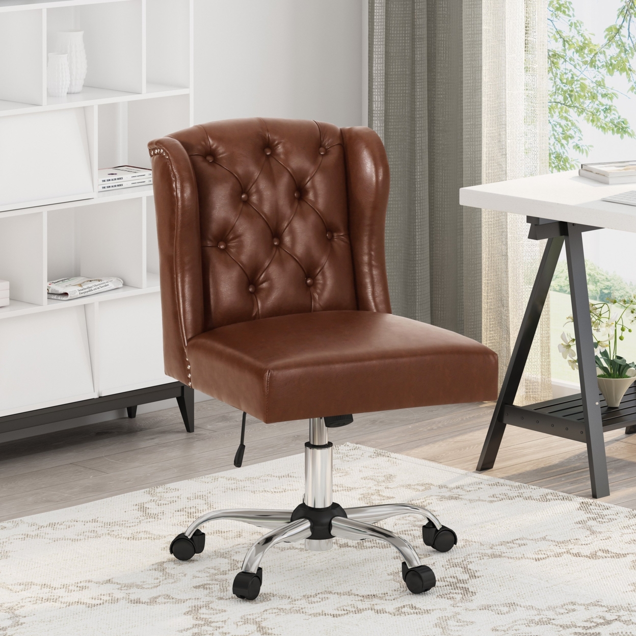 Amar Contemporary Wingback Tufted Swivel Office Chair - Cognac