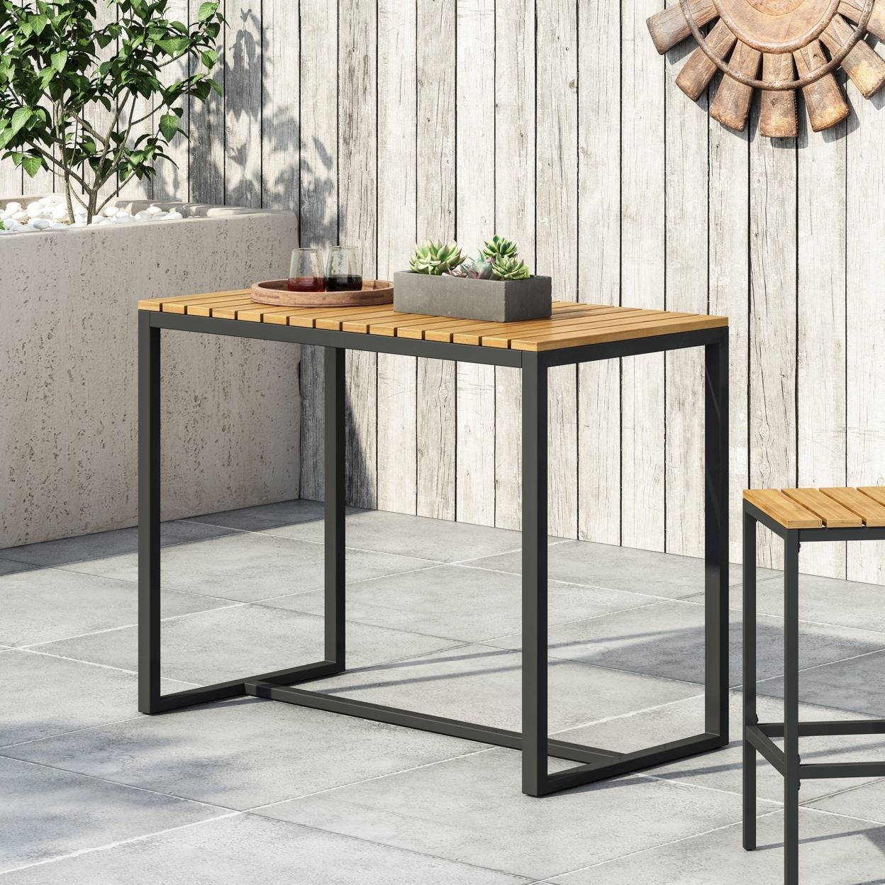 Arath Outdoor Modern Industrial Acacia Wood Bar Table - Black/teak