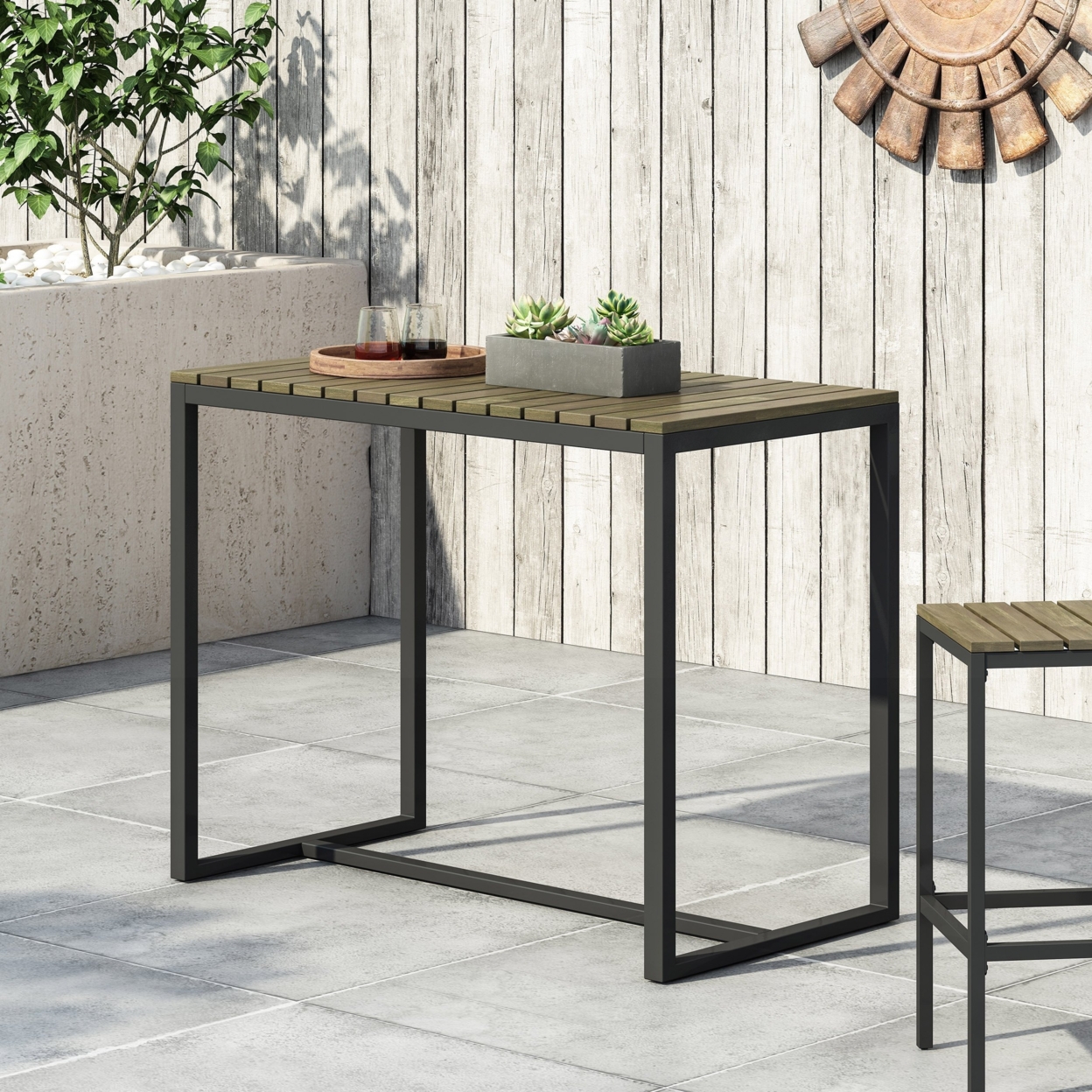 Arath Outdoor Modern Industrial Acacia Wood Bar Table - Black/gray