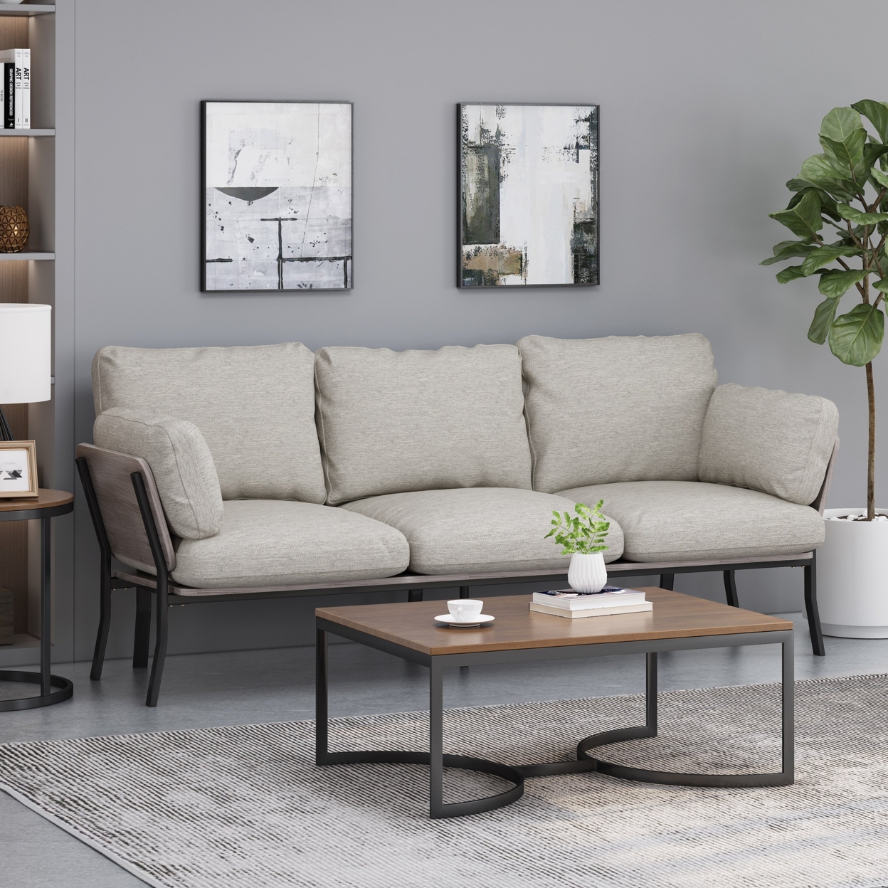 Athea Mid-Century Modern 3 Seater Wood Frame Sofa - Light Gray
