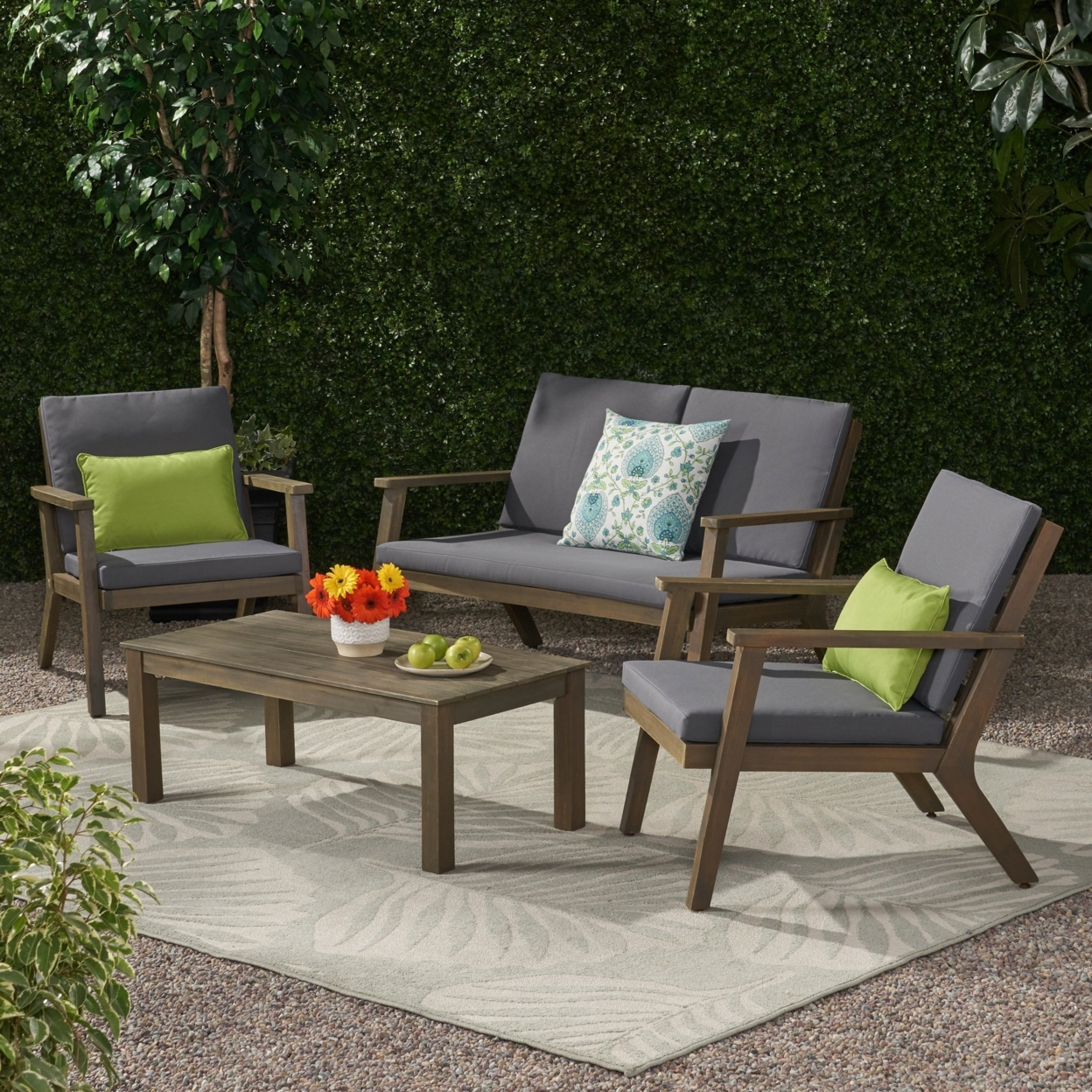Avacyn Outdoor Acacia Wood 4 Seater Chat Set With Cushions - Gray/dark Gray